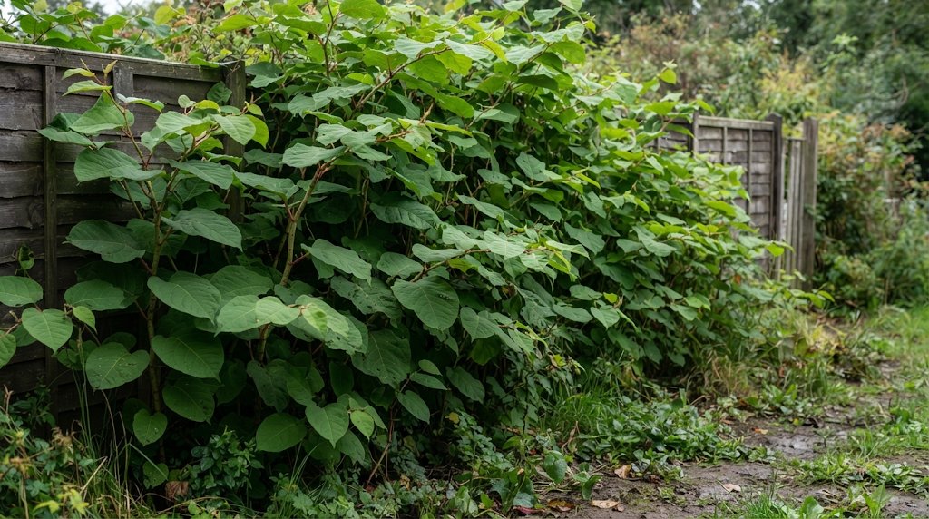 Japanese knotweed growing over a garden fence in Padgate